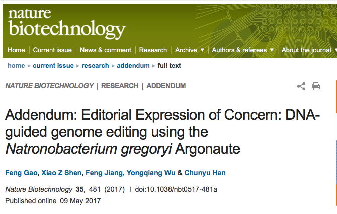 Nature Biotechnology杂志编辑部发表对韩春雨论文的关注意见