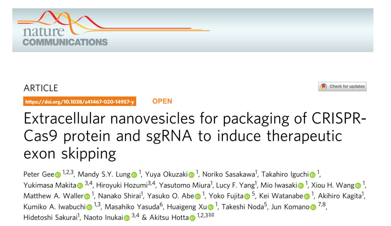 Nature子刊：EV用于包装CRISPR-Cas9蛋白和sgRNA以诱导治疗性外显子跳跃