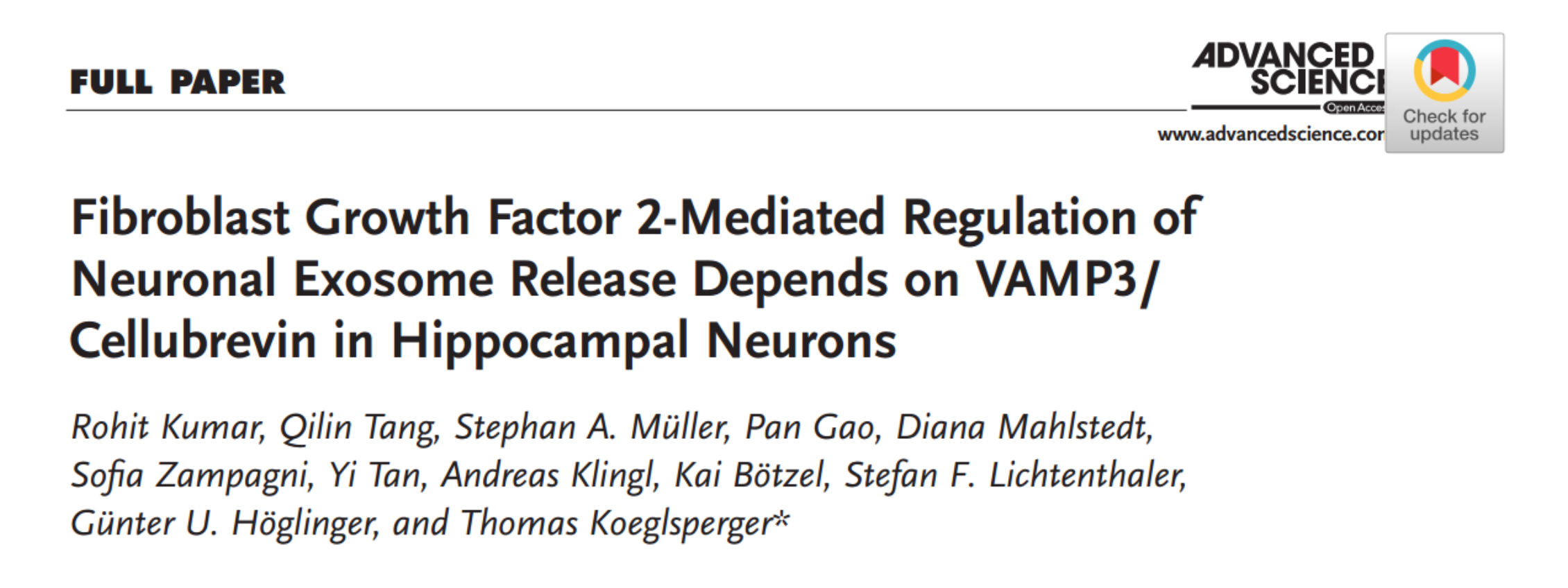 Advanced Science：FGF2调节神经元外泌体释放依赖于海马神经元中的VAMP3/Cellubrevin