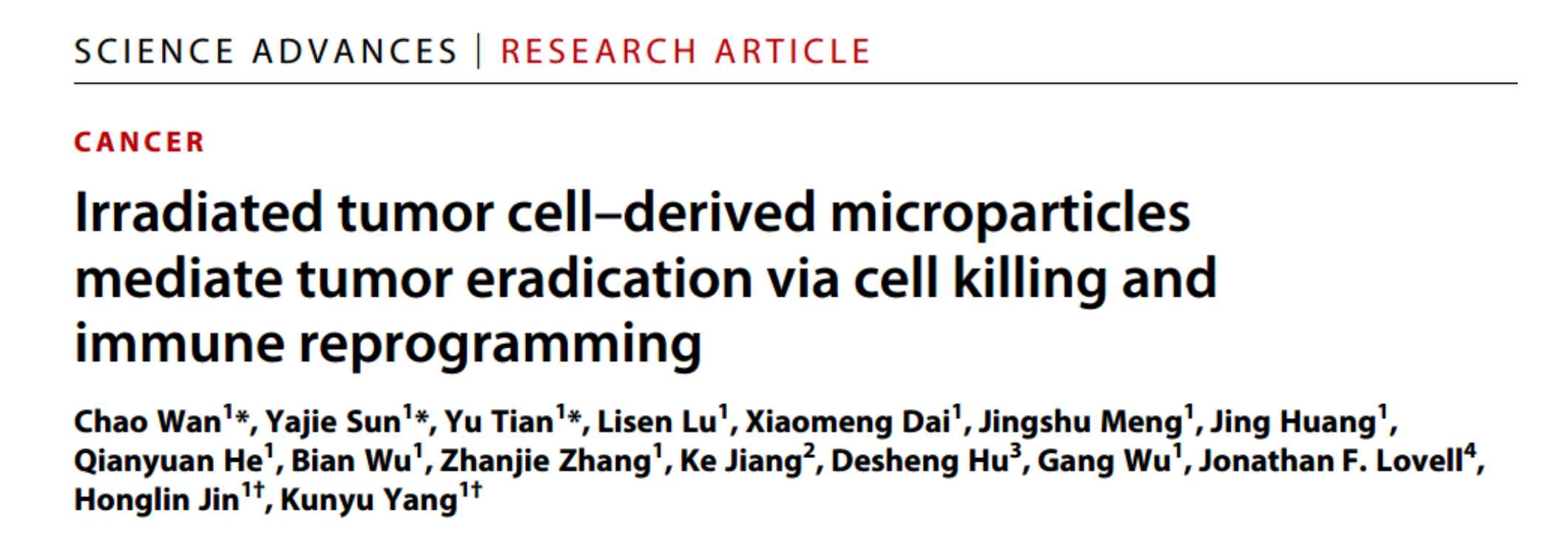 【Science子刊】华中科技大学：辐射的肿瘤细胞来源的微粒通过细胞杀伤和免疫重编程介导抗肿瘤作用