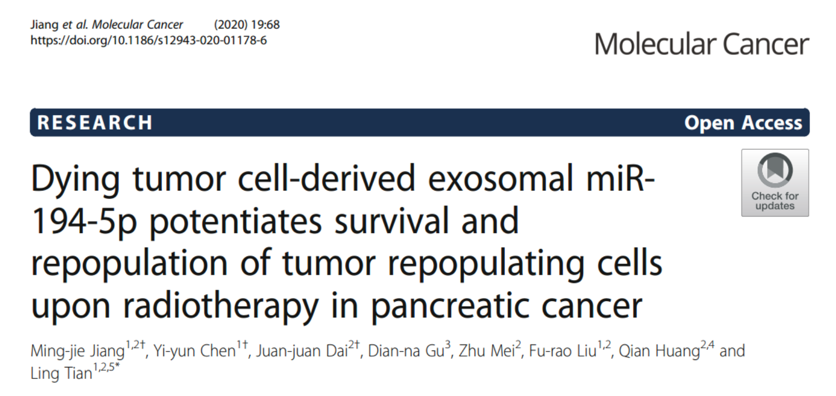 【Molecular Cancer】上海市第一人民医院：放疗后垂死癌细胞的外泌体miR-194-5p增强肿瘤再生细胞的存活和繁殖