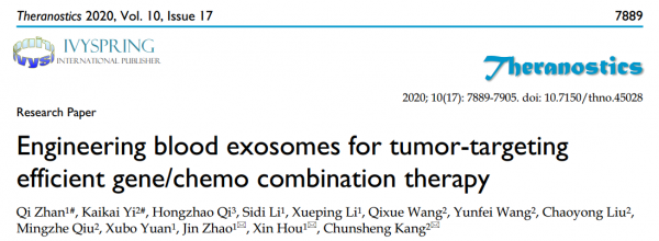 天津医科&天津大学：利用血液外泌体作为载体高效靶向肿瘤共递送化药和核酸药物