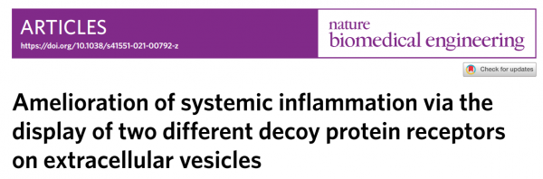 Nature子刊：细胞外囊泡上展示两种不同诱饵蛋白受体可改善全身炎症