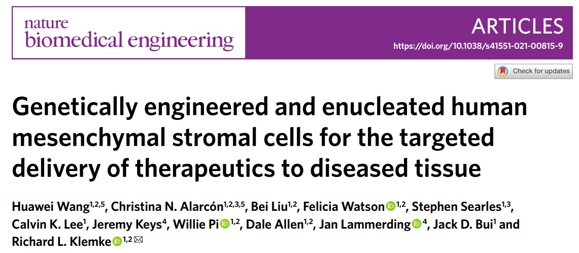 Nature子刊：基因工程和去核MSC用于将治疗药物靶向递送至患病组织