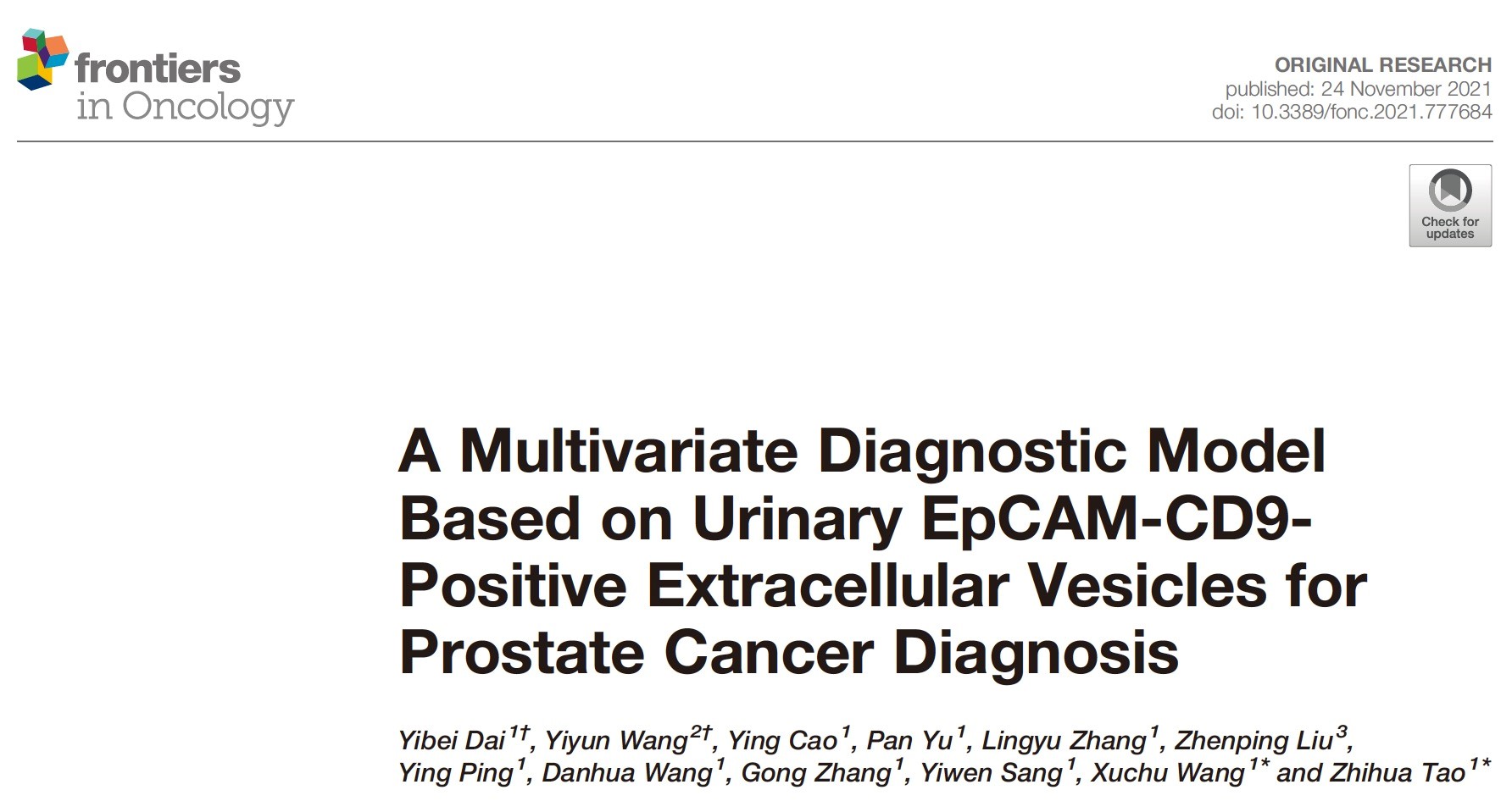 ​Frontiersin Oncology：基于尿液EpCAM-CD9 阳性细胞外囊泡的多因素诊断模型用于前列腺癌诊断