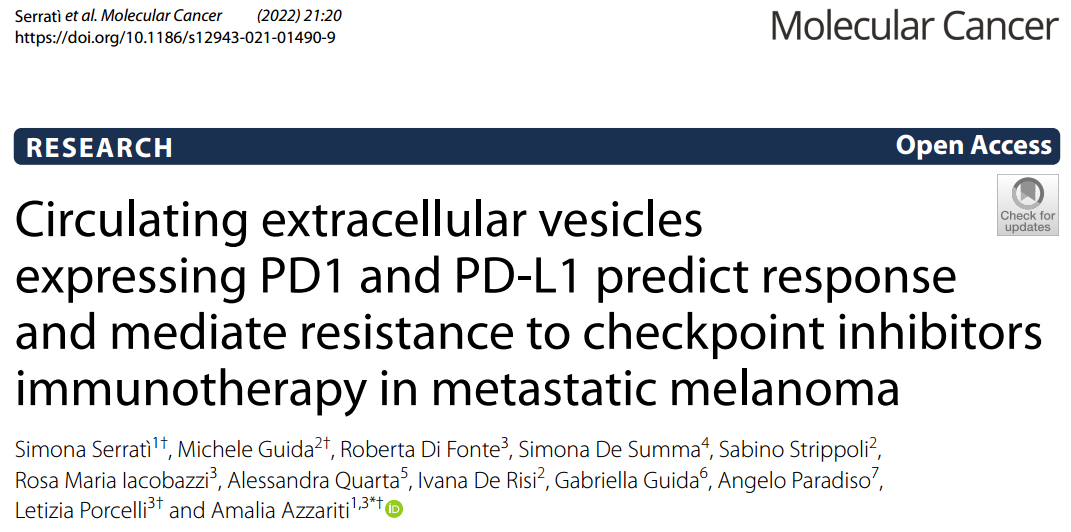 Mol Cancer：表达PD1和PD-L1的循环细胞外囊泡可预测转移性黑色素瘤对检查点抑制剂免疫治疗的反应并介导耐药性