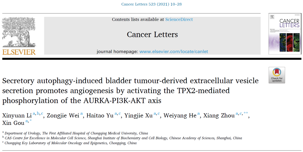 Cancer Letters | 重庆医科大学附一医院：阐释膀胱肿瘤源性细胞外囊泡通过TPX2介导血管生成的功能和机制