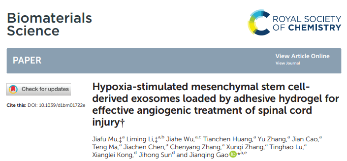 Biomaterials Science|浙江大学高建青教授团队:低氧处理的MSCs来源外泌体通过促血管生成参与脊髓损伤后的修复