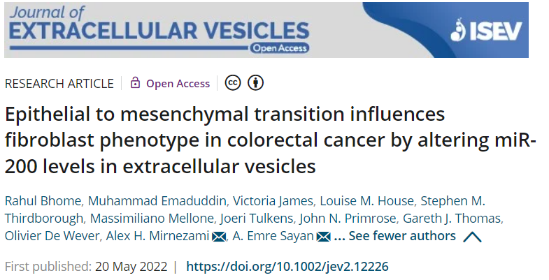 JEV：EMT通过改变细胞外囊泡miR-200水平影响结直肠癌的成纤维细胞表型