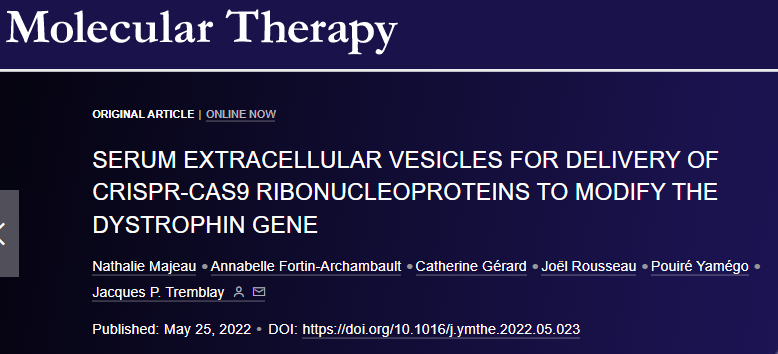 Mol Ther：利用血清细胞外囊泡递送CRISPR-Cas9核糖核蛋白进行DMD治疗