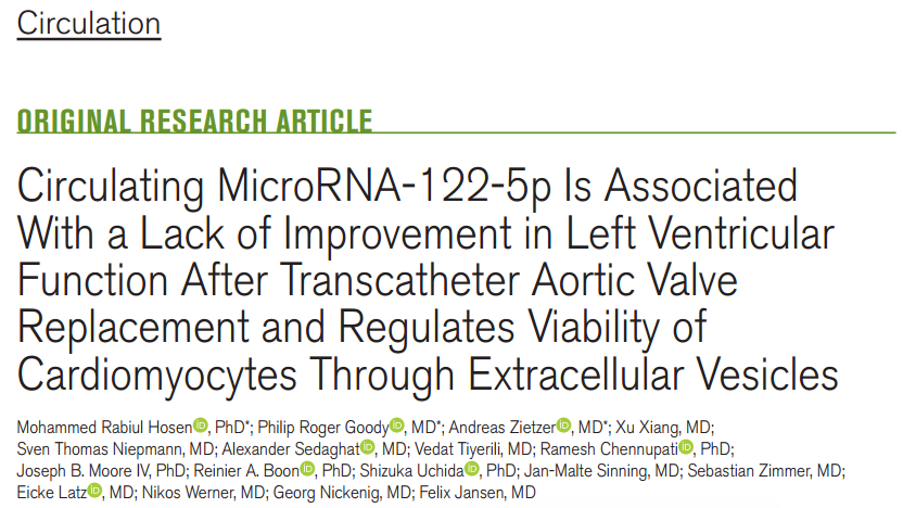 Circulation：循环细胞外囊泡中的miRNA-122-5p与经导管主动脉瓣置换术后心功能缺乏改善有关