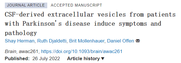 【Brain】来自帕金森患者的富含α-突触核蛋白的EVs鼻内处理小鼠可导致帕金森病症状