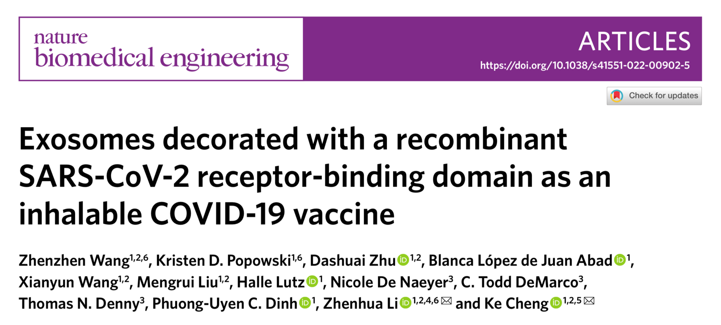 程柯团队最新Nature Biomedical Engineering：外泌体介导的雾化吸入式COVID-19疫苗