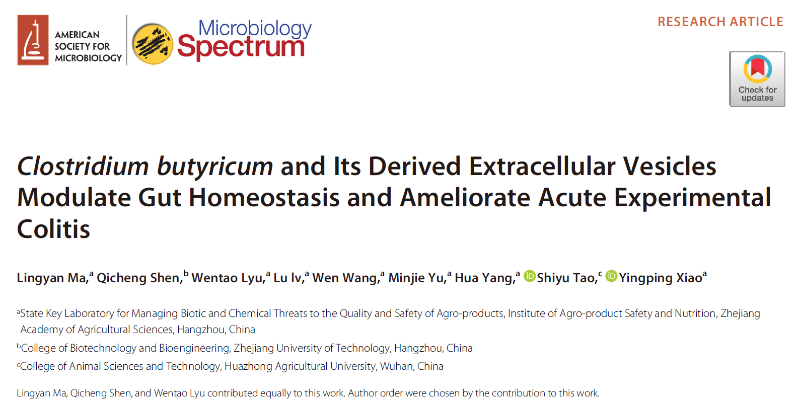 Microbiology Spectrum|浙江省农业科学院+华中农业大学：丁酸梭菌的胞外囊泡调节肠道稳态并缓解小鼠结肠炎