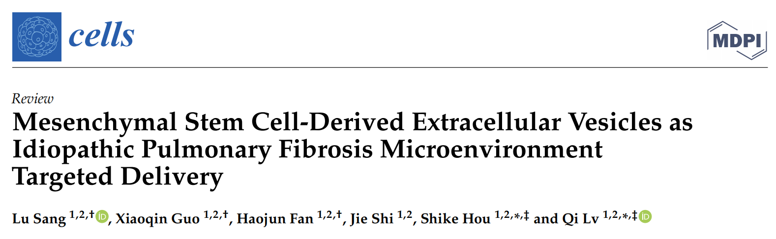 CELLS |天津大学应急医学研究院：侯世科、樊毫军、吕琪：间充质干细胞来源细胞外囊泡作为调节特发性肺纤维化微环境的靶向递送工具