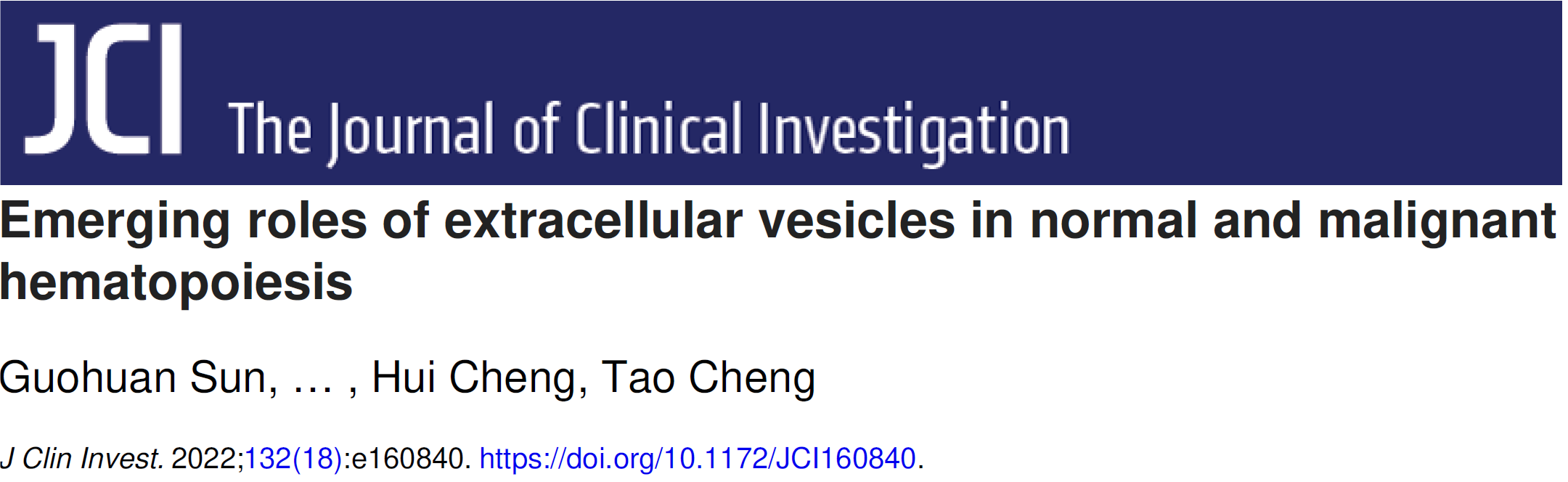 JCI | 中国医学科学院血液病医院程涛教授，程辉研究员联合上海交通大学医学院郑俊克教授：细胞外囊泡在正常造血及血液肿瘤中的作用