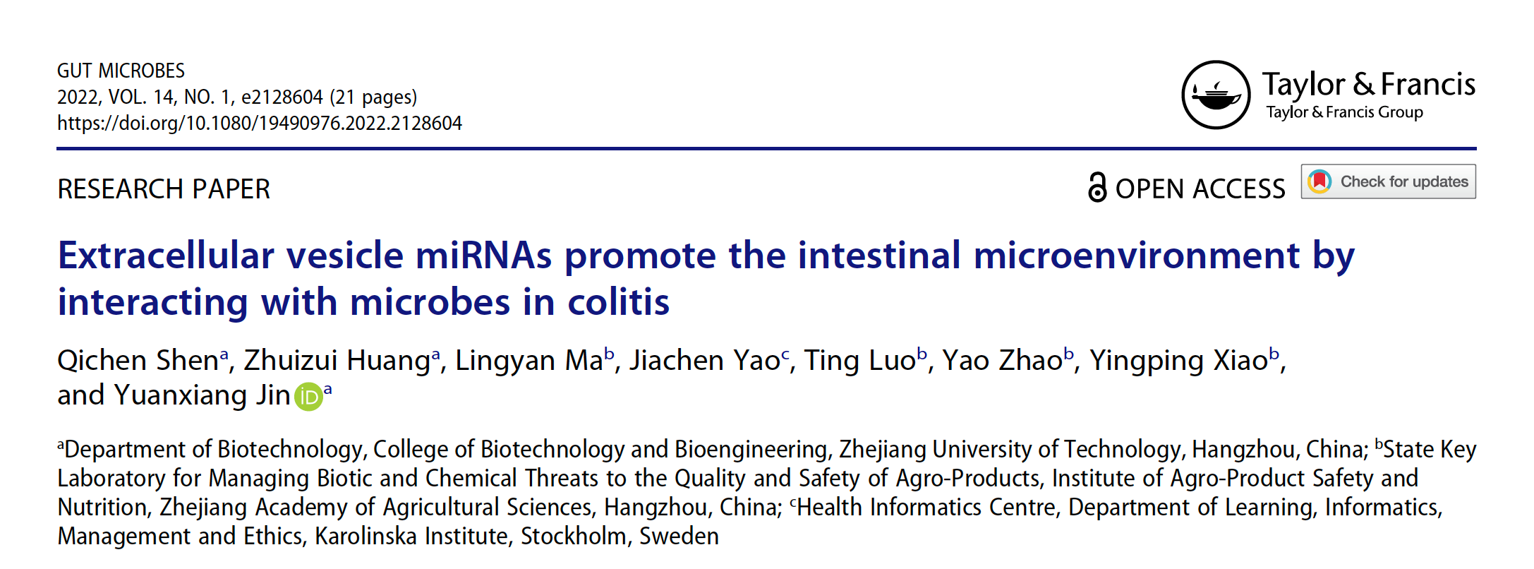 Gut Microbes | 浙江工业大学靳远祥团队：肠道外囊泡miRNA通过与菌群互作调节肠炎肠道微环境