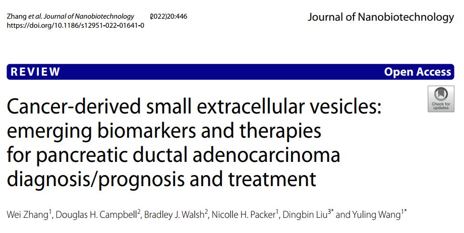 J Nanobiotechnology | 麦考瑞大学王玉玲联合南开大学刘定斌教授团队：癌源性小细胞外囊泡：新生的胰腺导管腺癌诊断/预后和治疗标记物