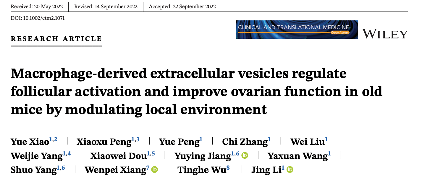ClinTransl Med | 南京医科大学李晶团队：巨噬细胞来源的细胞外囊泡调节衰老卵巢内炎性微环境