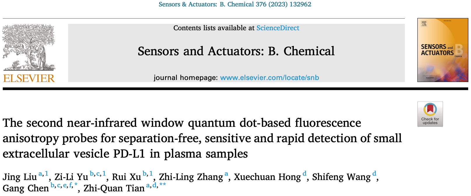 SENSOR ACTUAT B-CHEM: 武汉大学田智全/陈刚研究团队：基于近红外二区量子点的荧光各向异性探针用于血浆样品中小细胞外囊泡PD-L1的免分离、快速、高灵敏检测