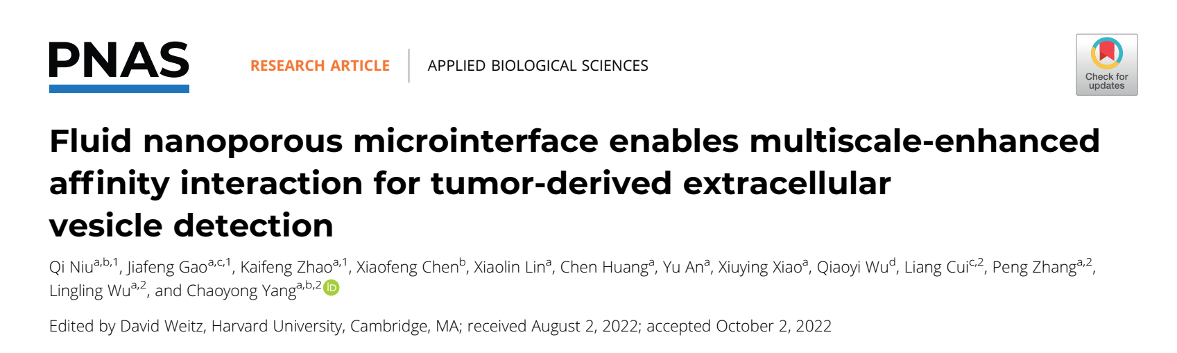 PNAS｜杨朝勇/吴玲玲研究团队：基于流动纳米孔微界面的跨尺度增强亲和反应实现肿瘤细胞外囊泡超灵敏检测