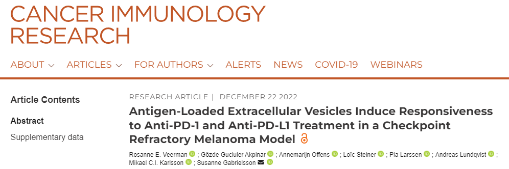载有抗原的细胞外囊泡在黑色素瘤模型中促进抗PD-1/L1疗效