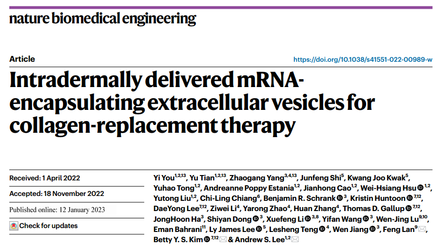 Nat Biomed Eng：细胞外囊泡递送胶原蛋白mRNA用于老化皮肤的修复