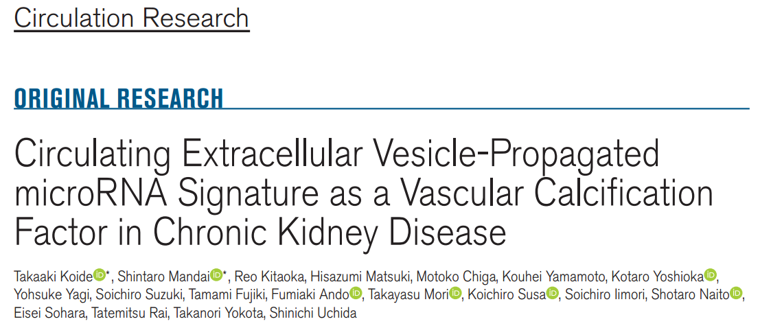 Circ Res：循环细胞外囊泡的miRNA特征作为慢性肾脏病的血管钙化因子