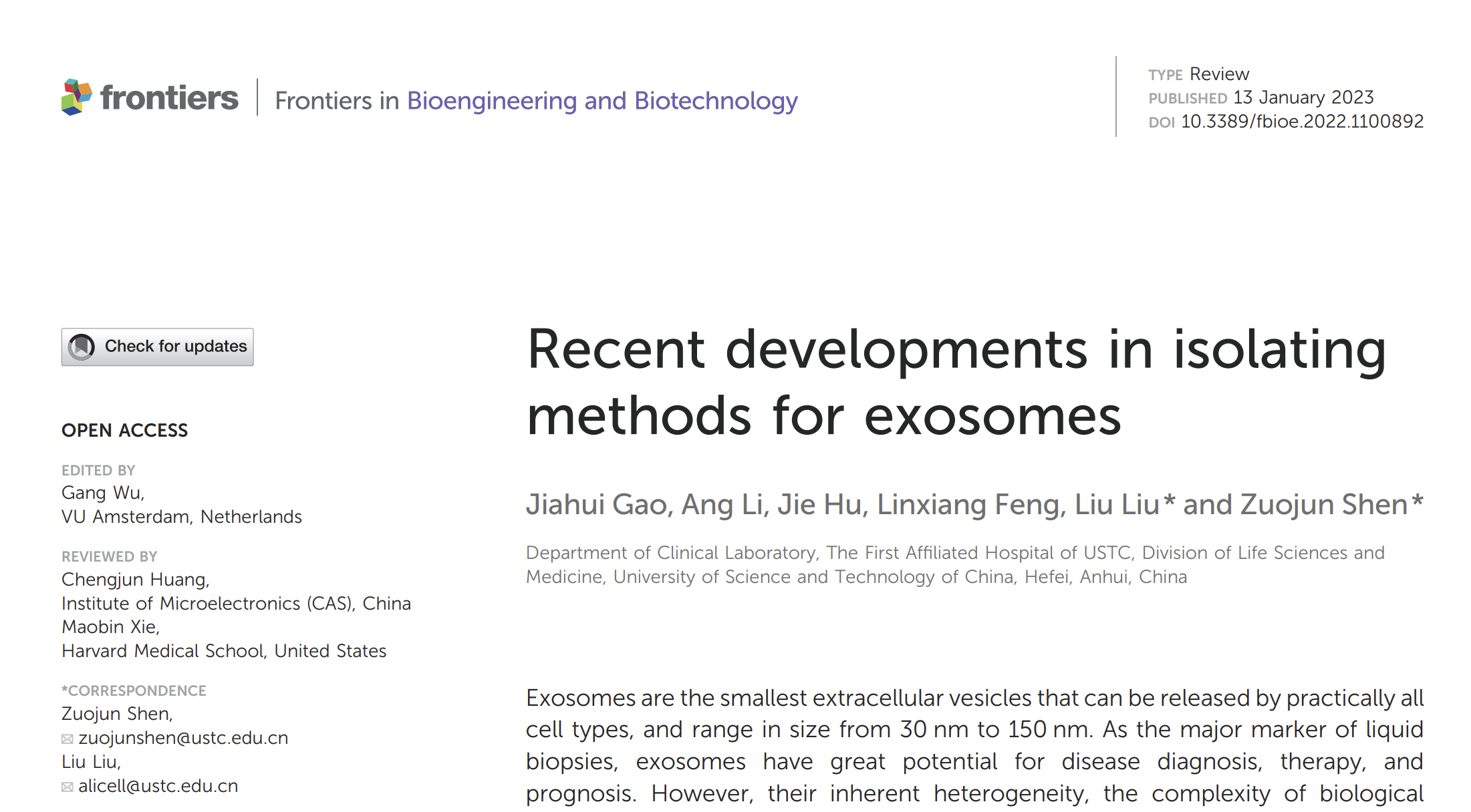 Front Bioeng. Biotechnol | 中国科学技术大学附属第一医院沈佐君团队：外泌体分离方法的研究进展