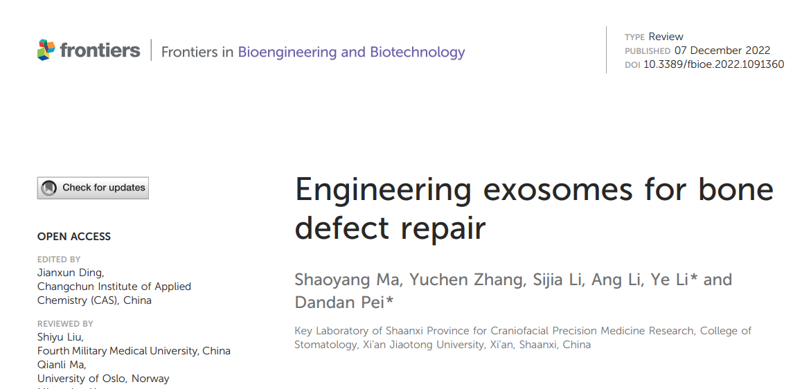 Front Bioeng Biotechnol | 西安交通大学口腔医院裴丹丹/李晔：用于骨缺损修复的工程化外泌体