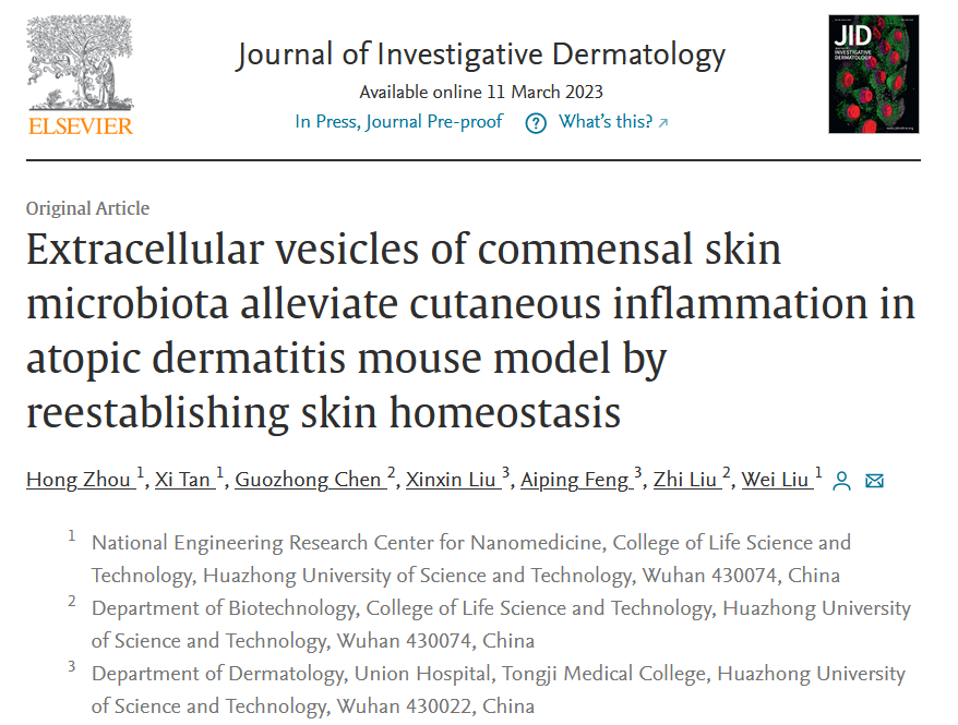 J Invest Dermatol∣华中科技大学刘卫团队：共生皮肤微生物胞外囊泡通过重建皮肤稳态来缓解特应性皮炎的皮肤炎症