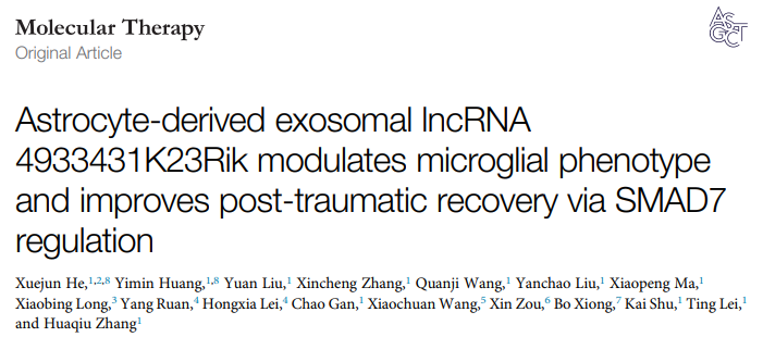 Mol Ther |华中科技大学同济医学院附属同济医院张华楸：星形胶质细胞来源外泌体减缓颅脑损伤后神经炎症并促进神经修复