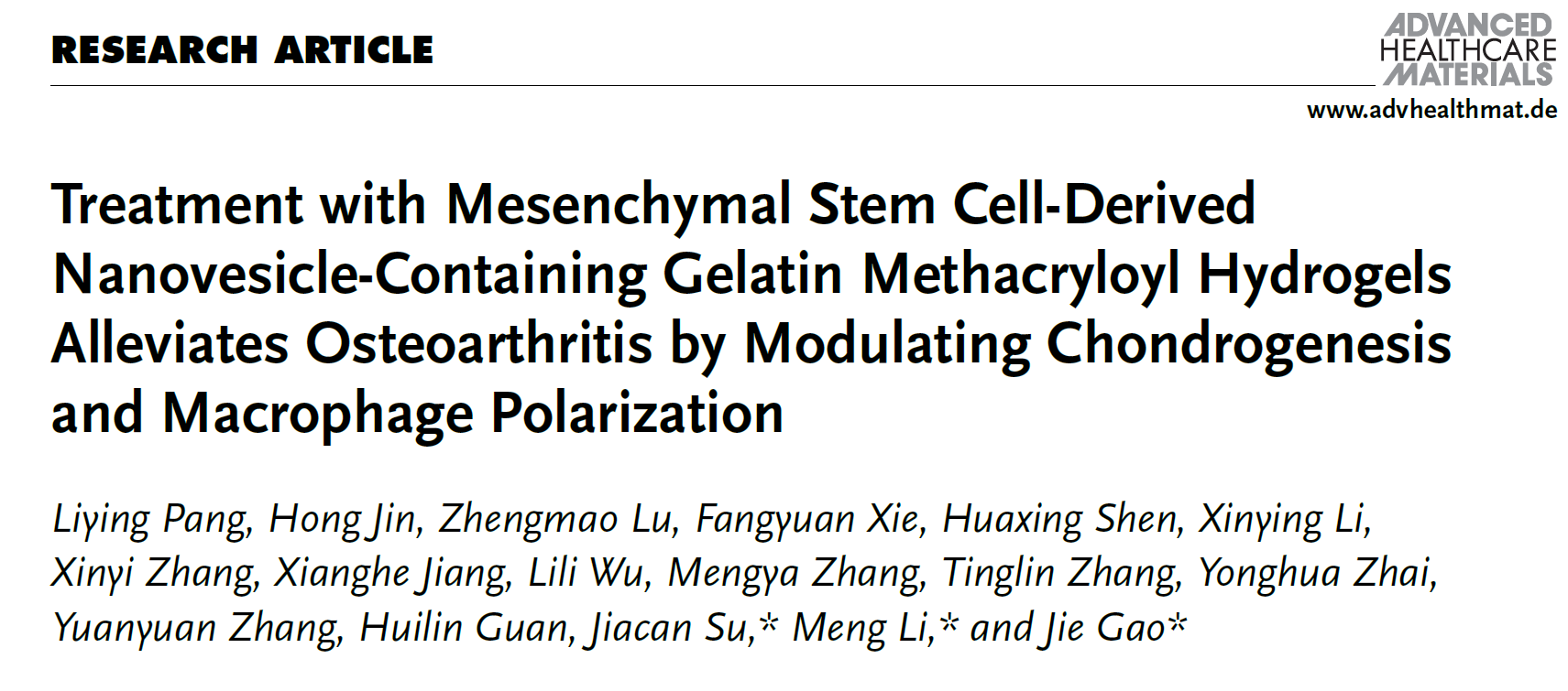 Adv. Healthcare Mater |海军军医大学第一附属医院高洁：含明胶-甲基丙烯酰水凝胶的间充质干细胞衍生纳米囊泡治疗通过调节软骨生成和巨噬细胞极化缓解骨性关节炎