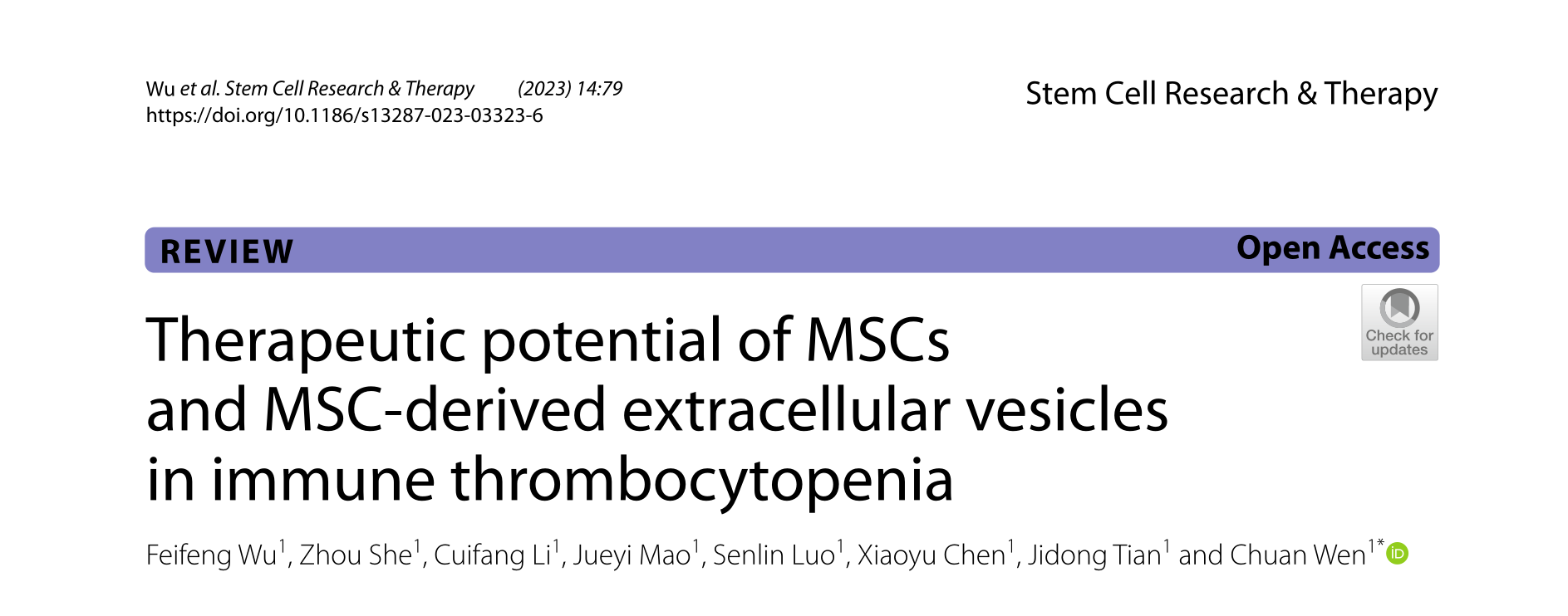 Stem Cell Research & Therapy | 中南大学湘雅二医院文川教授团队:MSC及MSC-EVs在免疫性血小板减少症中的治疗潜能