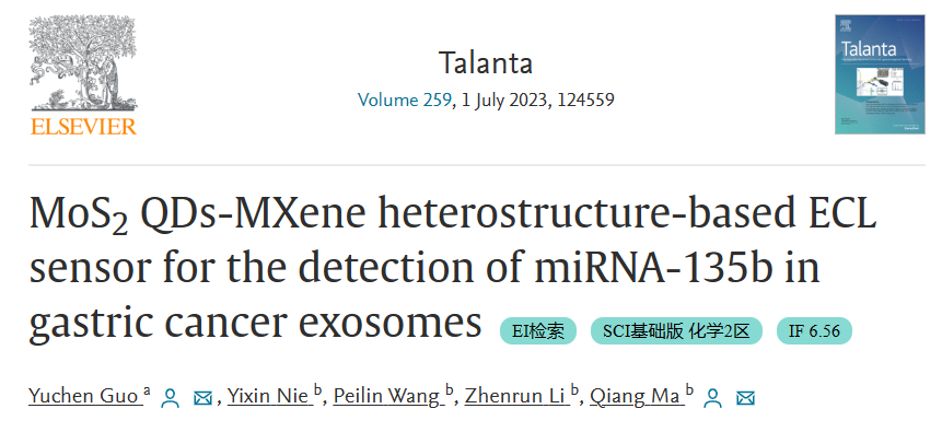 Talanta | 吉林大学马强团队：基于MoS2 QDs-MXene异质结构的ECL传感器用于检测胃癌外泌体中的miRNA-135b