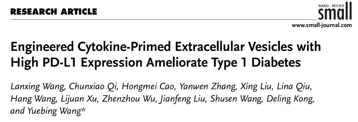 Small | 南开大学王悦冰团队：工程化细胞外囊泡通过PD-L1/PD-1轴改善1型糖尿病