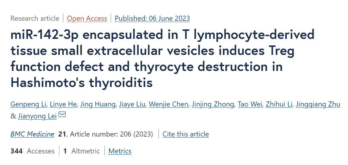 BMC medicine|T细胞衍生组织细胞外小囊泡起源的miR-142-3p可诱导桥本甲状腺炎Treg功能缺陷和甲状腺细胞破坏