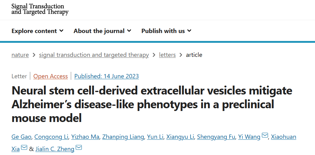 STTT | 同济大学郑加麟/夏骁寰/王奕等报道诱导性神经干细胞来源细胞外囊泡对阿尔茨海默病的治疗潜能