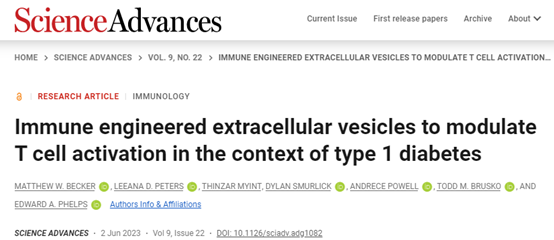 Sci Adv：免疫工程化的细胞外囊泡在1型糖尿病背景下调节T细胞活化