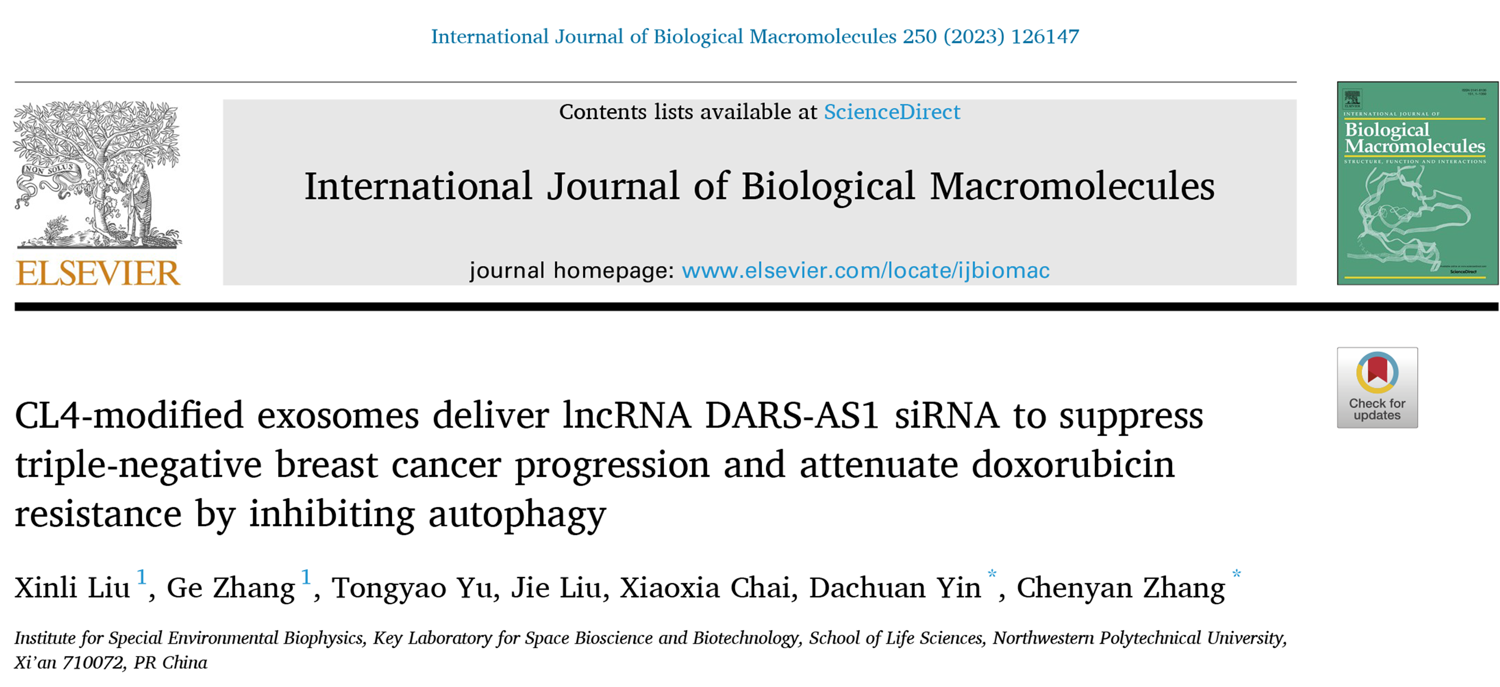 Int J Biol Macromol | 西北工业大学生命学院尹大川/张辰艳团队构建了EXOs-CL4工程化靶向纳米递药系统用于抑制三阴性乳腺癌的侵袭转移和化疗耐药