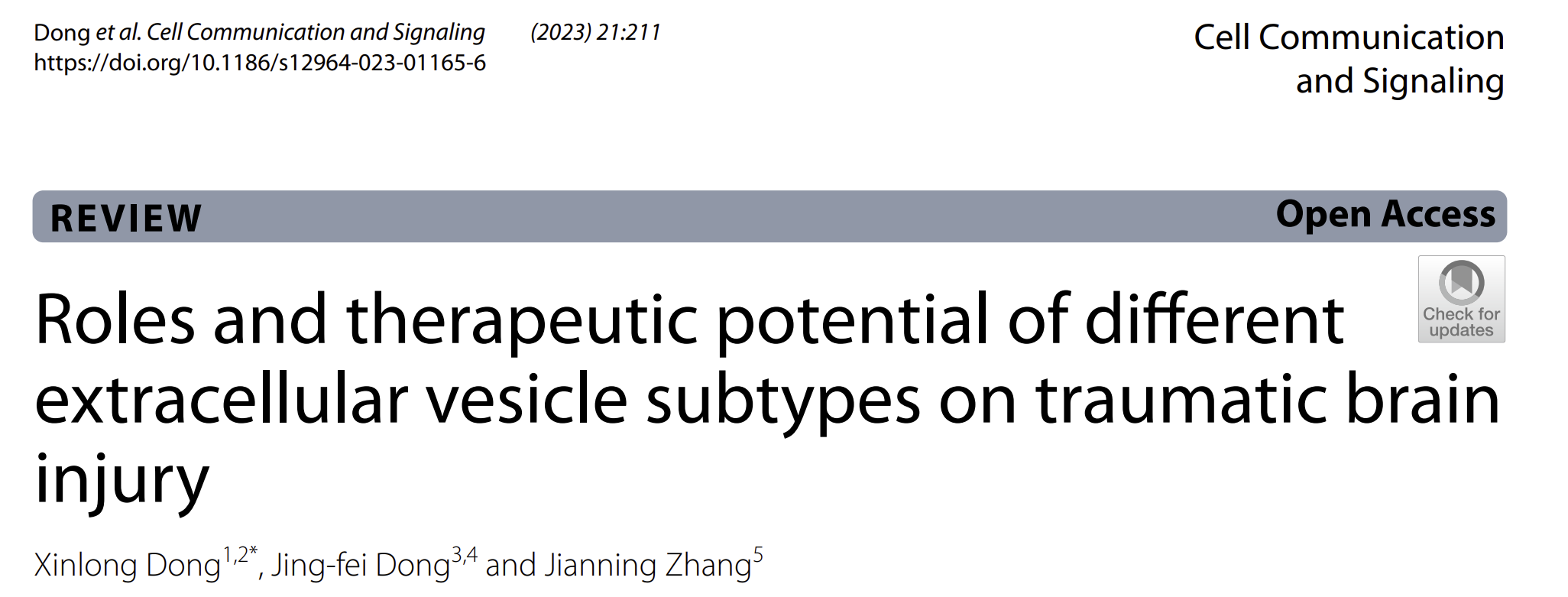 Cell Commun Signal |首都医科大学附属北京天坛医院董信龙：不同细胞外囊泡亚型在创伤性脑损伤中的作用及治疗潜力