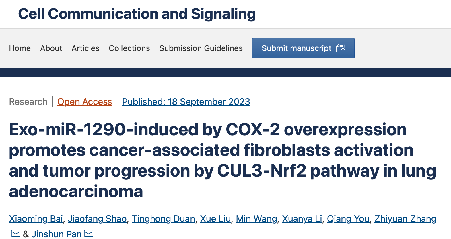 Cell Commun Signal｜南京医科大学潘金顺/张志远课题组：肺腺癌相关成纤维细胞活化调控新机制