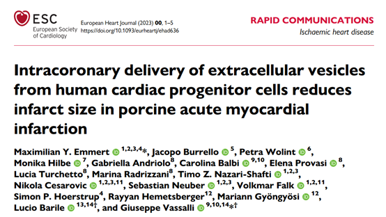 Eur Heart J：冠状动脉内递送人心脏祖细胞EVs可减少猪急性心肌梗死的梗死面积