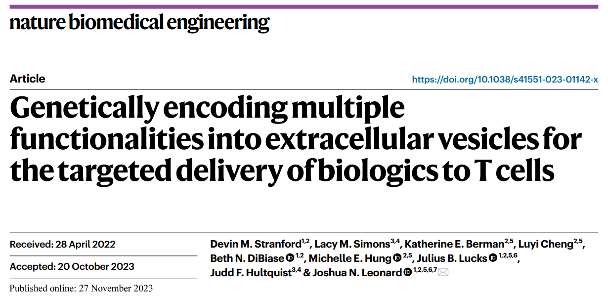 【Nat Biomed Eng】EVs递送多种功能基因至T细胞