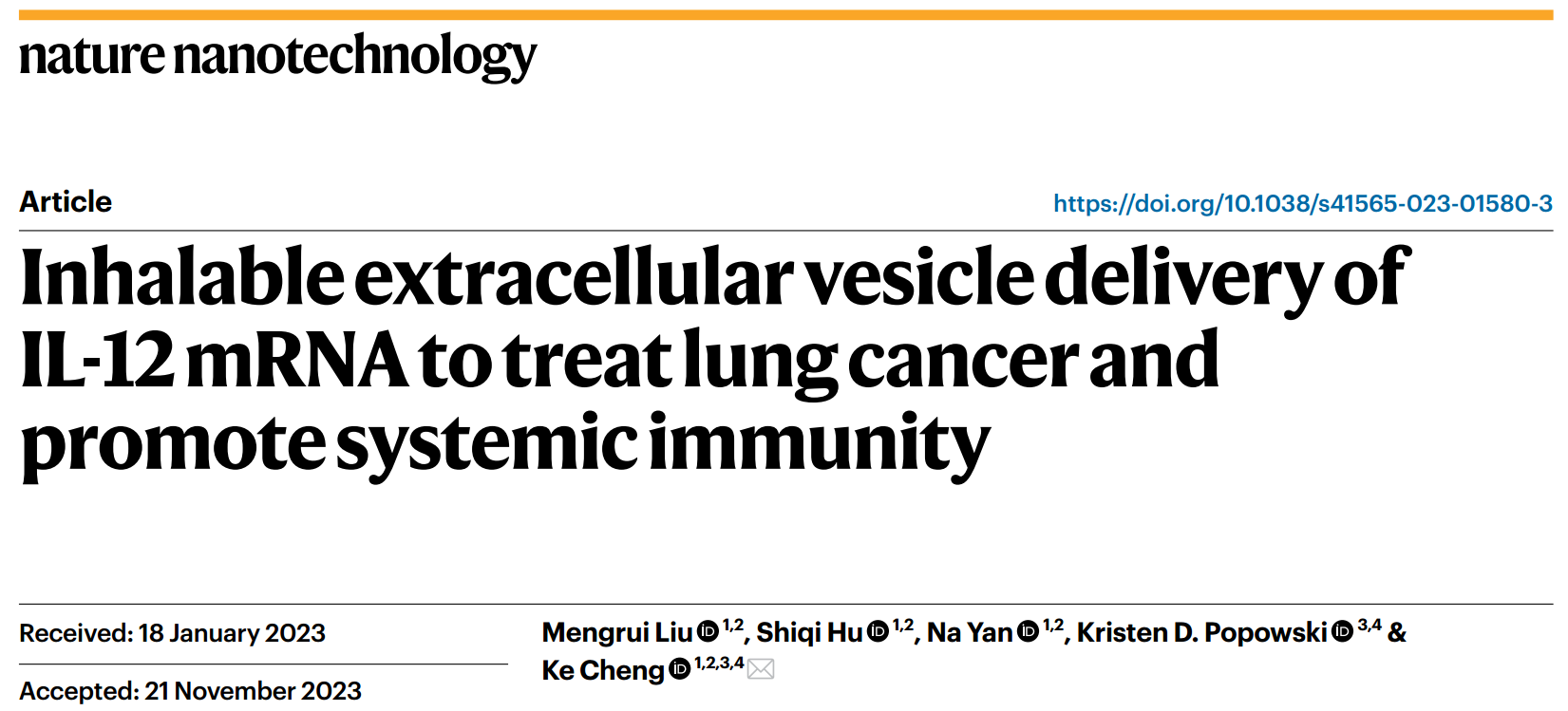 【Nat Nanotechnol】程柯团队：可吸入细胞外囊泡递送IL-12 mRNA治疗肺癌并促进全身免疫