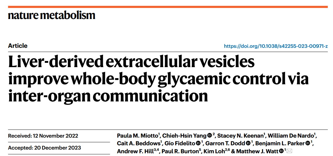 【Nat Metab】肝脏细胞外囊泡通过器官间通讯改善全身血糖控制