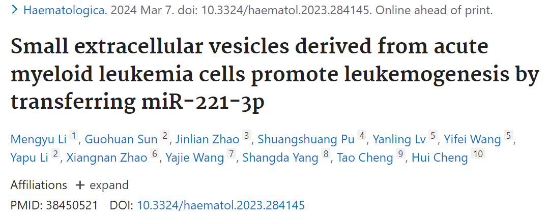 Haematologica | 程涛/程辉团队揭示白血病细胞来源的细胞外小囊泡促进疾病发展的分子机制