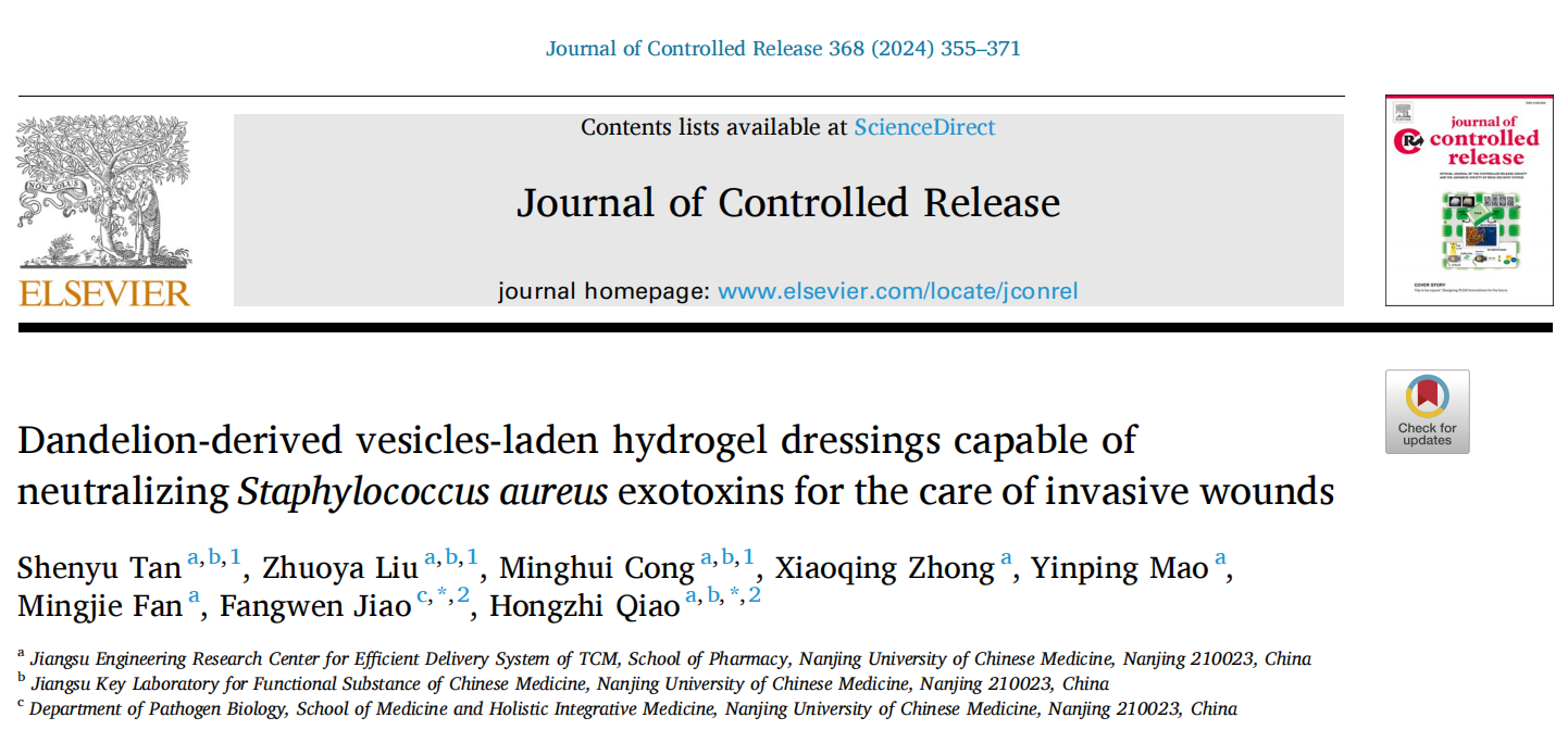 J Control Release | 南京中医药大学乔宏志教授团队：蒲公英囊泡水凝胶敷料用于感染创面的护理