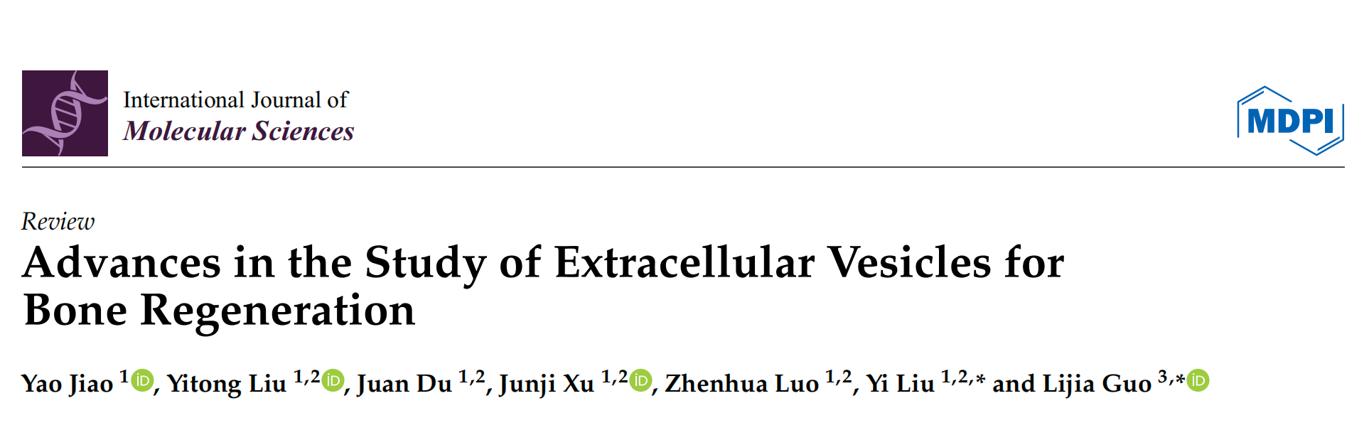 Int J Mol Sci｜首都医科大学附属北京口腔医院郭力嘉/刘怡/焦瑶团队：细胞外囊泡促进骨再生的研究进展