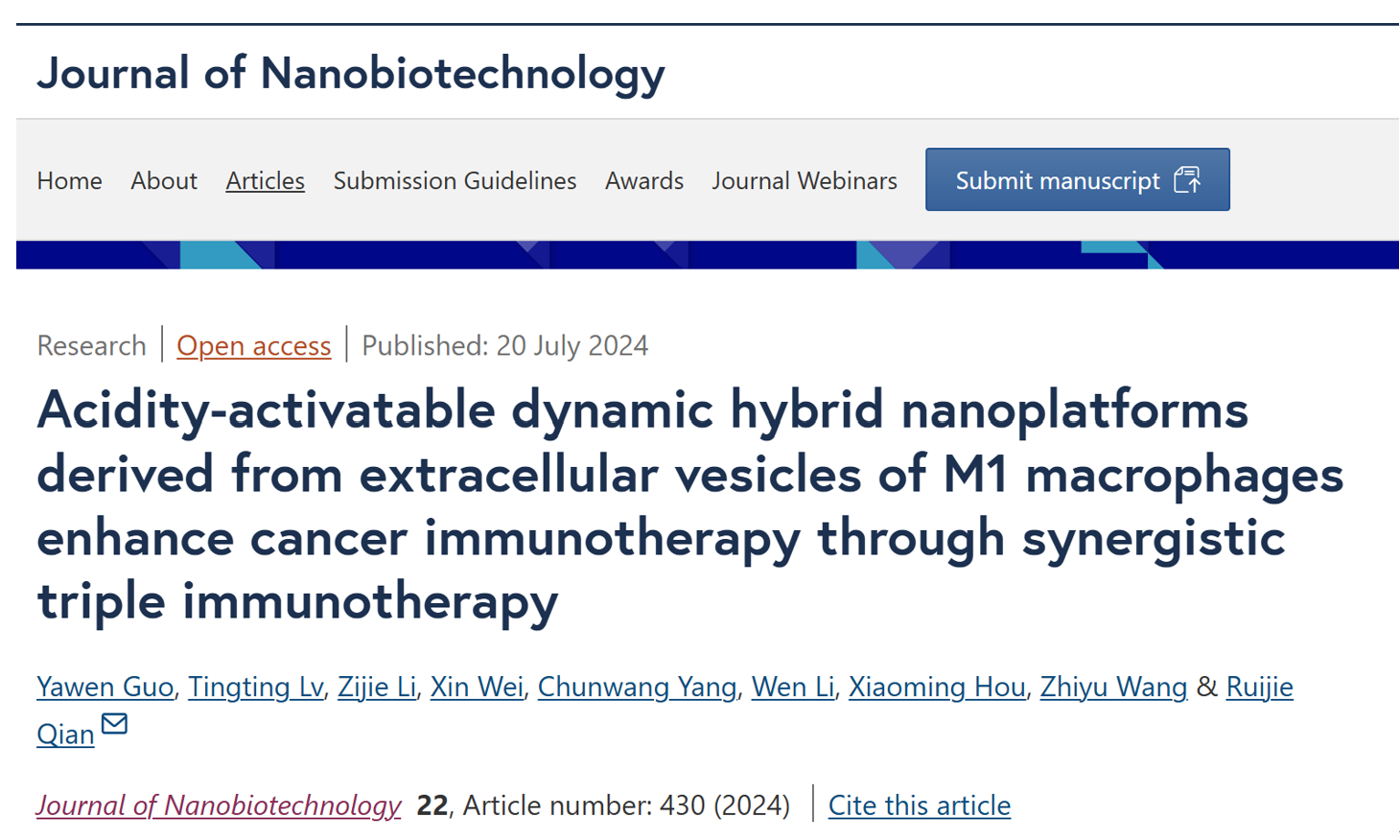 J Nanobiotechnology｜钱瑞杰/河郭雅雯：M1巨噬EV的酸性激活混合纳米平台通过协同三重免疫疗法增强肿瘤免疫治疗